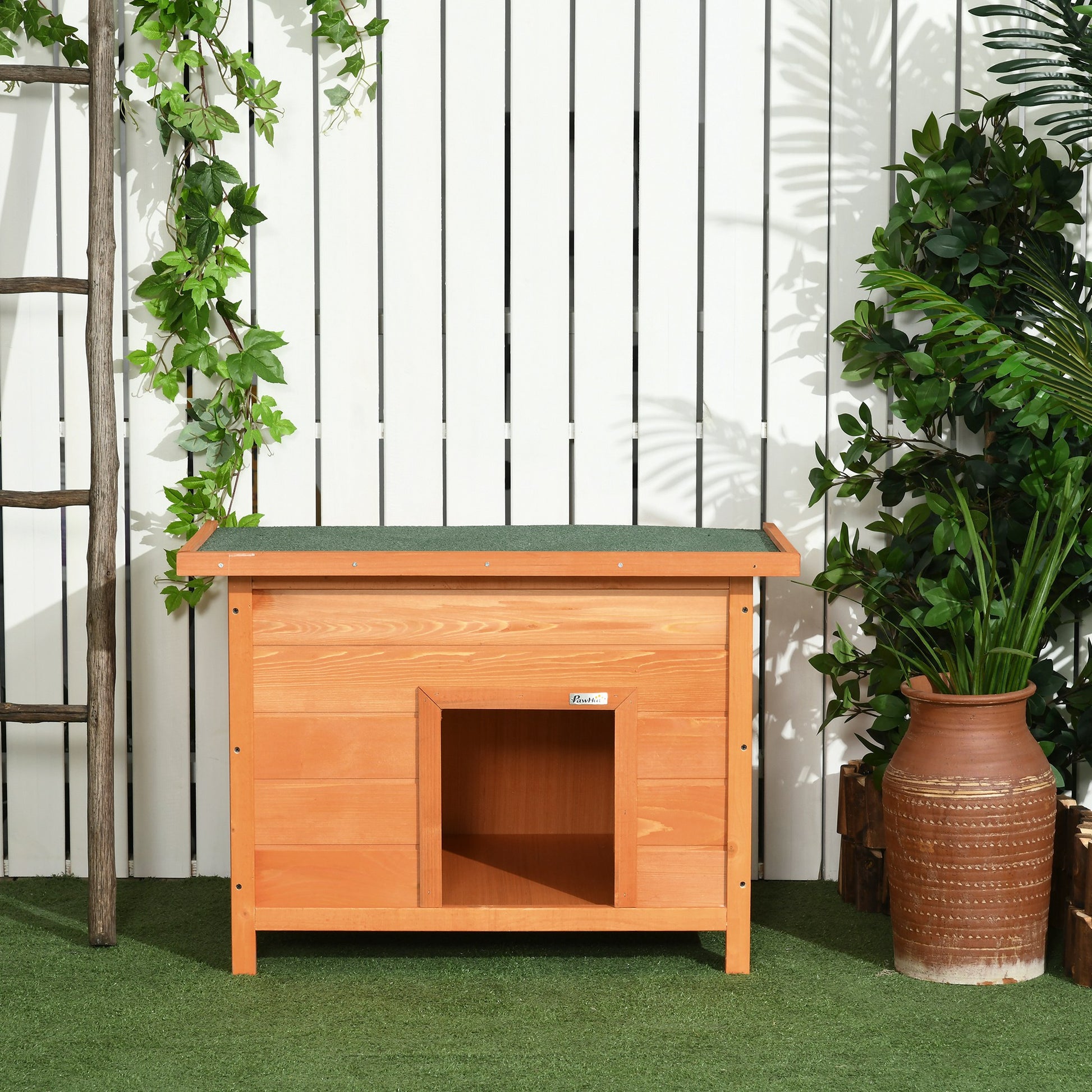 Outdoor Dog House, Wooden Dog Kennel with Flip-Up Asphalt Roof, Waterproof Dog Cave with Raised Floor Shelter for Small Dogs, Yellow, 82 x 58 x 58 cm