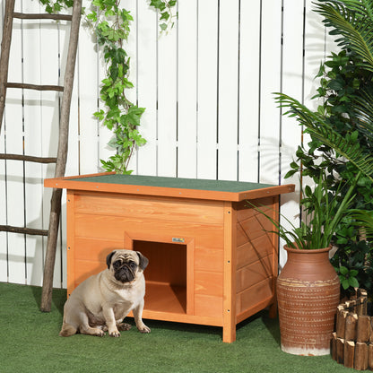 Outdoor Dog House, Wooden Dog Kennel with Flip-Up Asphalt Roof, Waterproof Dog Cave with Raised Floor Shelter for Small Dogs, Yellow, 82 x 58 x 58 cm
