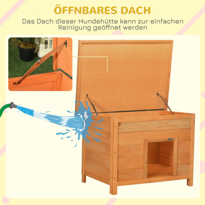 Outdoor Dog House, Wooden Dog Kennel with Flip-Up Asphalt Roof, Waterproof Dog Cave with Raised Floor Shelter for Small Dogs, Yellow, 82 x 58 x 58 cm