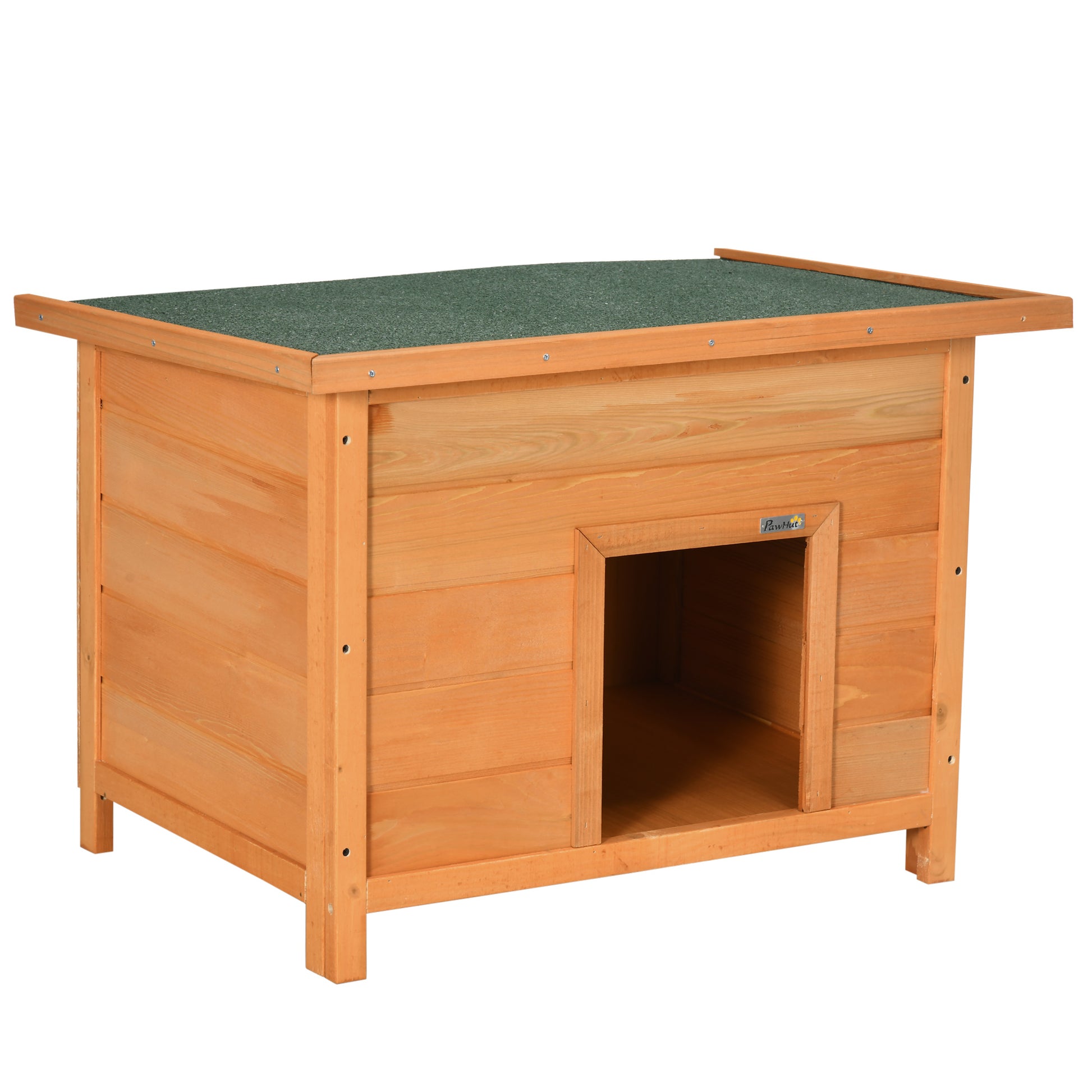 Outdoor Dog House, Wooden Dog Kennel with Flip-Up Asphalt Roof, Waterproof Dog Cave with Raised Floor Shelter for Small Dogs, Yellow, 82 x 58 x 58 cm