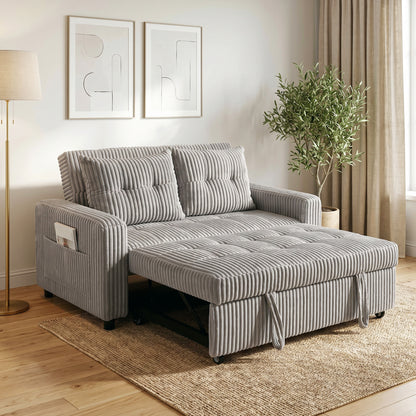 2-Seater Convertible Sofa Bed, Corduroy Upholstery, Light Gray