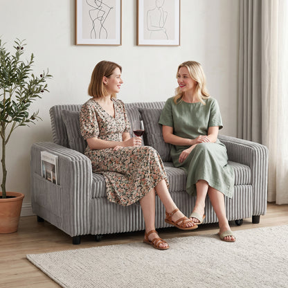 2-Seater Convertible Sofa Bed, Corduroy Upholstery, Light Gray