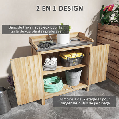 Garden Potting Table with Storage Cabinet and 2 Shelves, Galvanized Worktop, Non-Slip Rubber Feet, Fir Wood