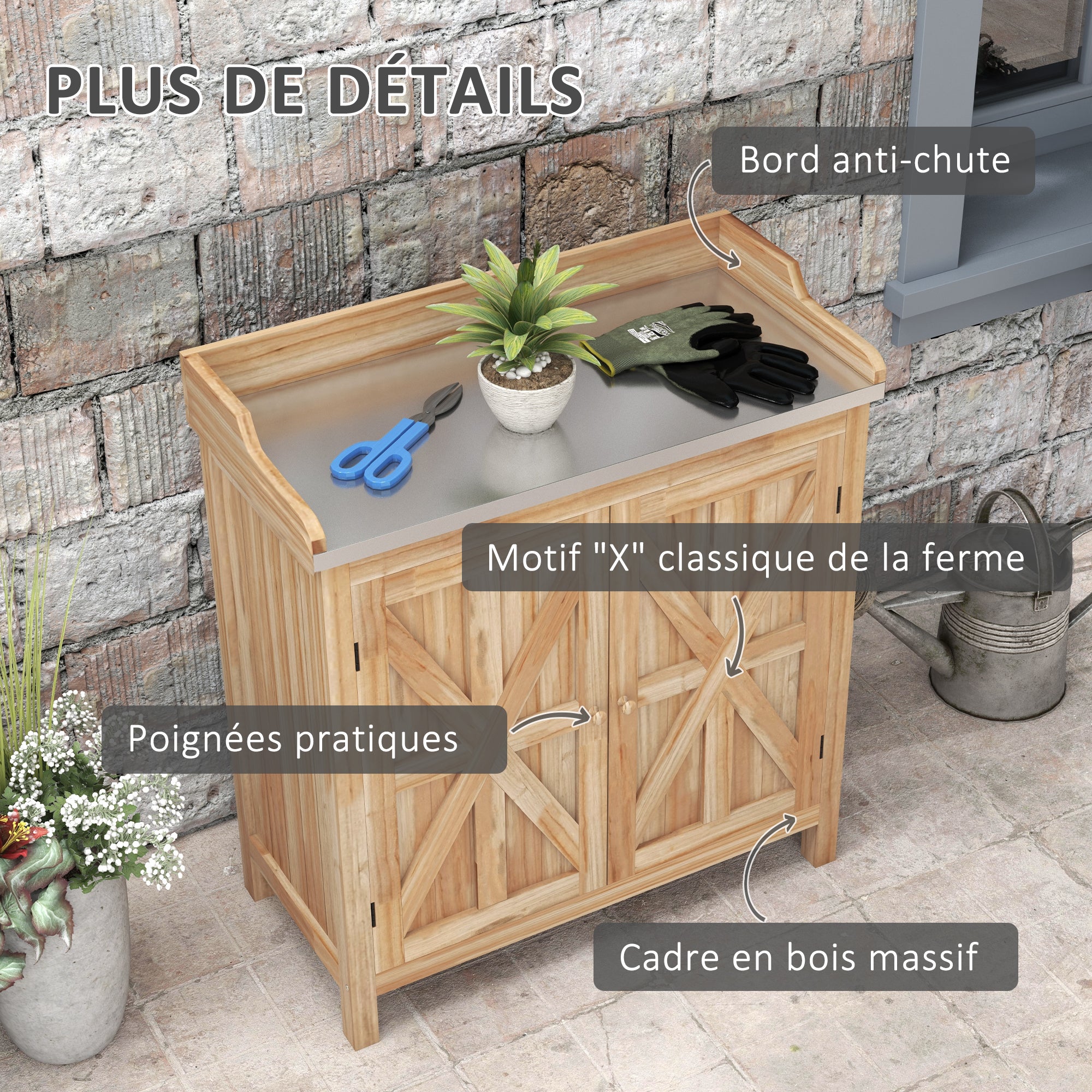 Garden Potting Table with Storage Cabinet and 2 Shelves, Galvanized Worktop, Non-Slip Rubber Feet, Fir Wood