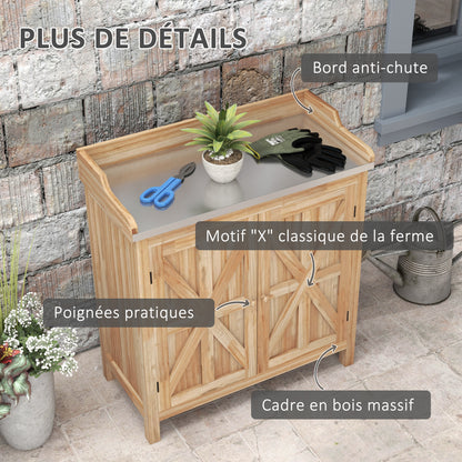 Garden Potting Table with Storage Cabinet and 2 Shelves, Galvanized Worktop, Non-Slip Rubber Feet, Fir Wood