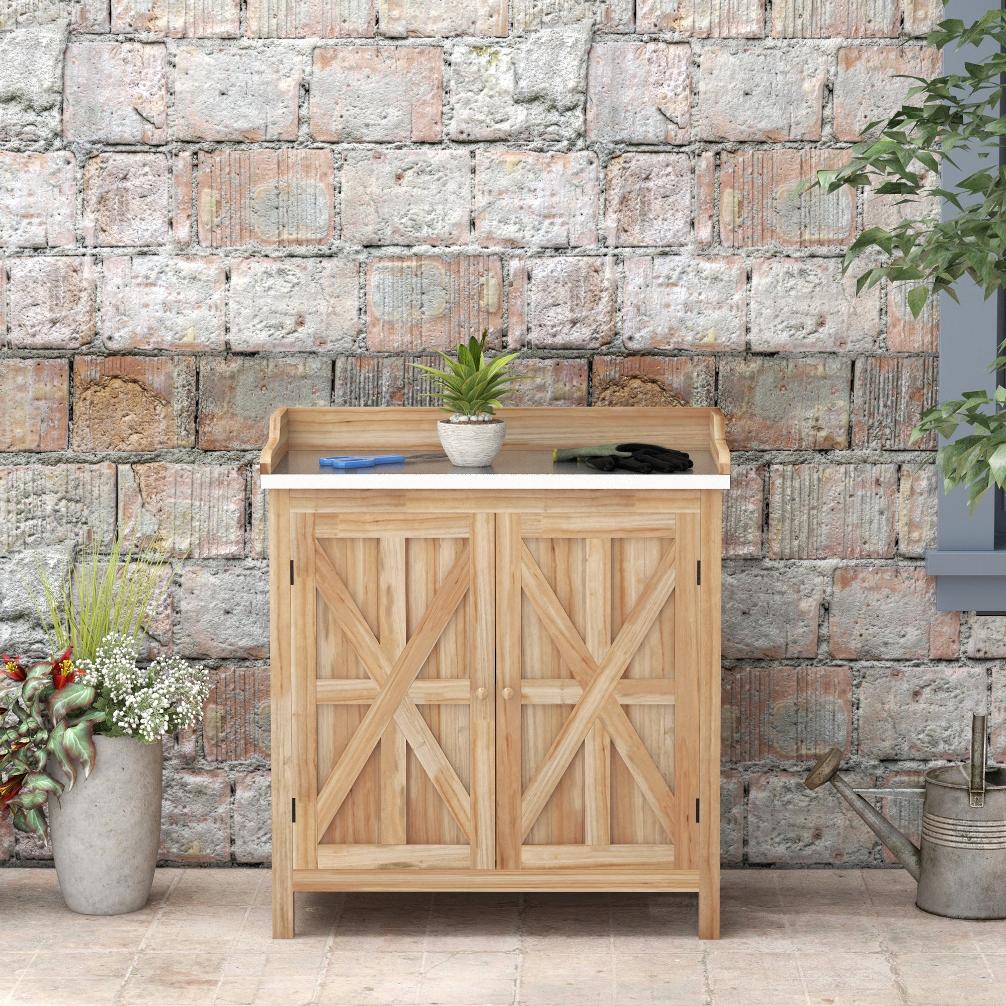 Garden Potting Table with Storage Cabinet and 2 Shelves, Galvanized Worktop, Non-Slip Rubber Feet, Fir Wood
