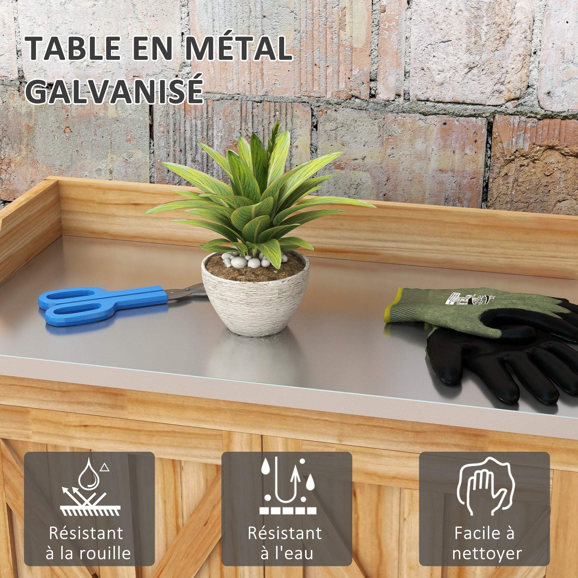 Garden Potting Table with Storage Cabinet and 2 Shelves, Galvanized Worktop, Non-Slip Rubber Feet, Fir Wood