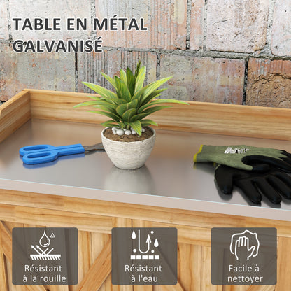 Garden Potting Table with Storage Cabinet and 2 Shelves, Galvanized Worktop, Non-Slip Rubber Feet, Fir Wood