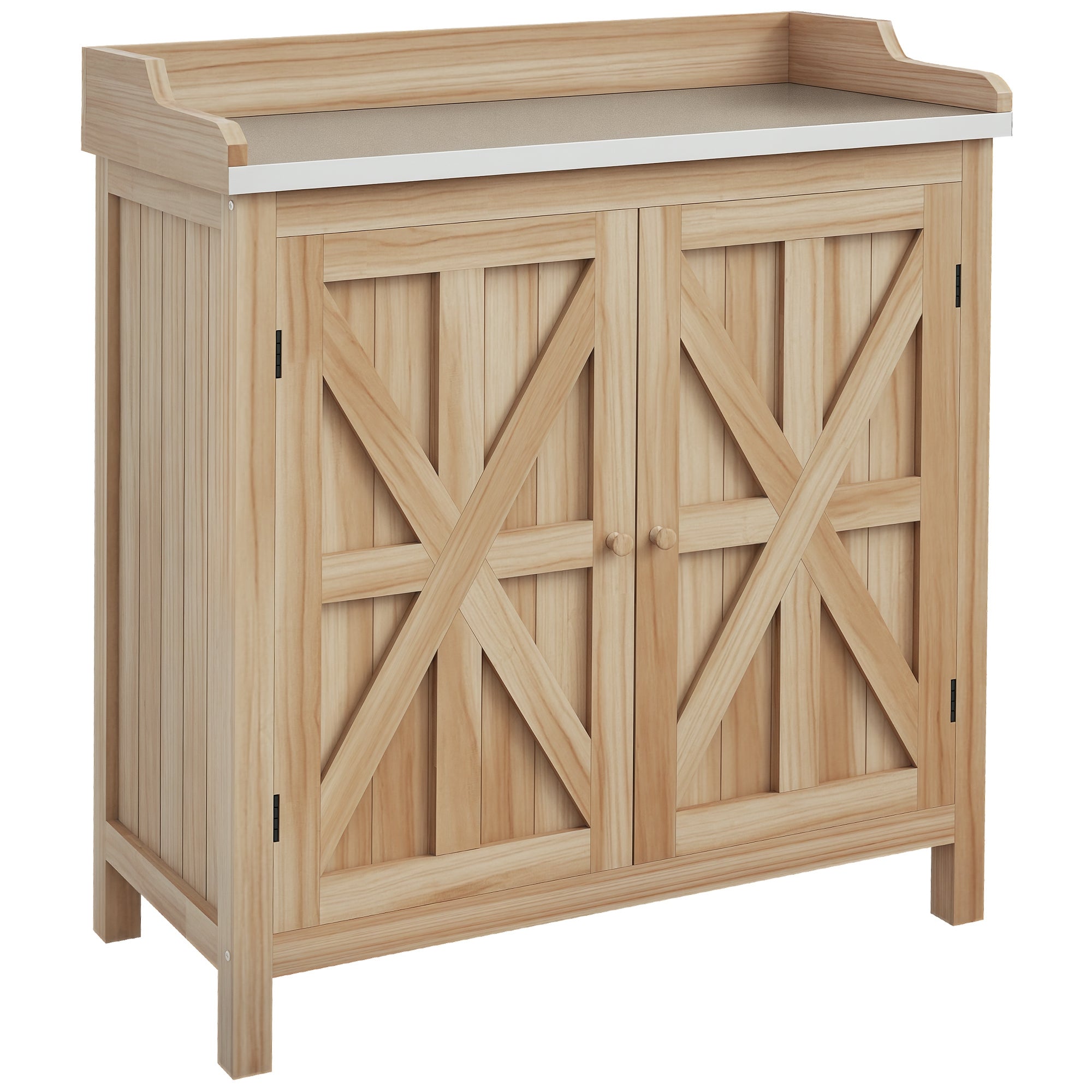 Garden Potting Table with Storage Cabinet and 2 Shelves, Galvanized Worktop, Non-Slip Rubber Feet, Fir Wood