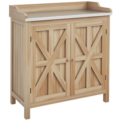 Garden Potting Table with Storage Cabinet and 2 Shelves, Galvanized Worktop, Non-Slip Rubber Feet, Fir Wood