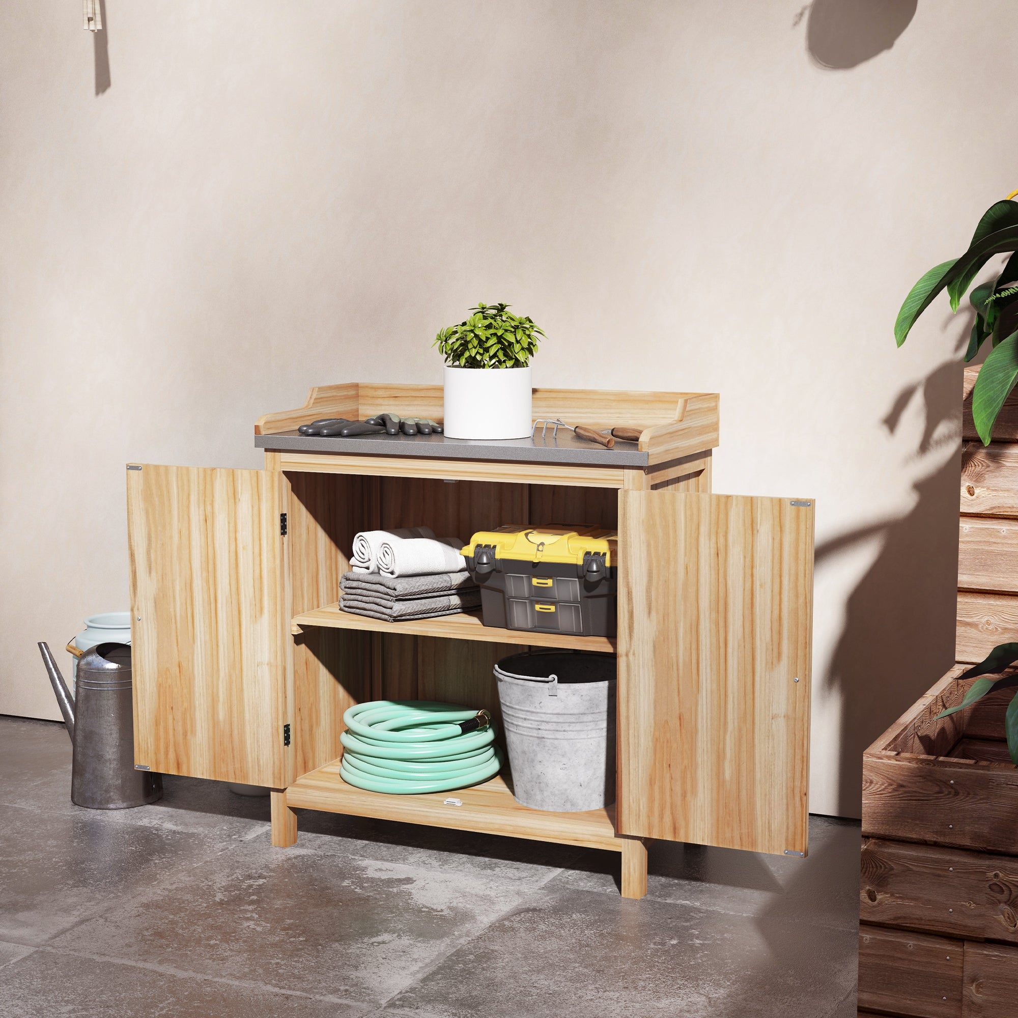 Garden Potting Table with Storage Cabinet and 2 Shelves, Galvanized Worktop, Non-Slip Rubber Feet, Fir Wood