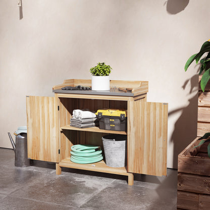 Garden Potting Table with Storage Cabinet and 2 Shelves, Galvanized Worktop, Non-Slip Rubber Feet, Fir Wood