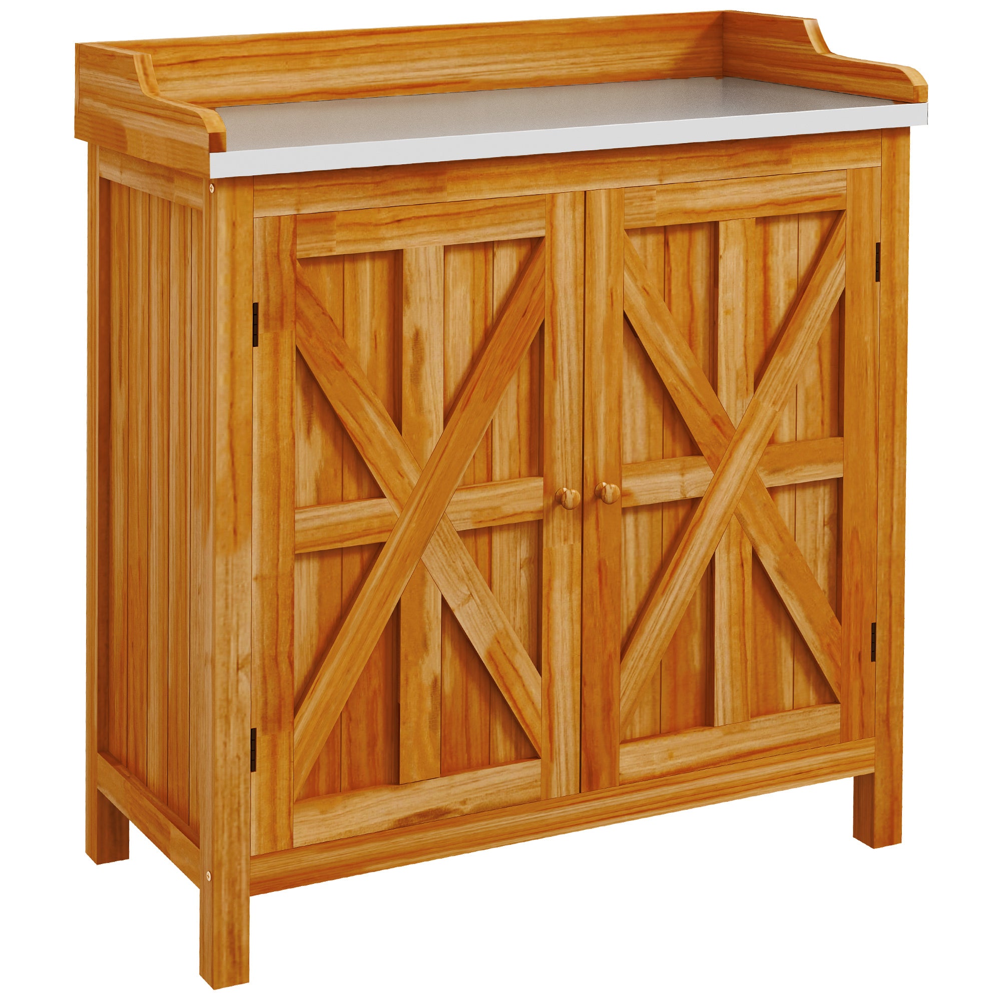 Garden Potting Table with Storage Cabinet and 2 Shelves, Galvanized Worktop, Non-Slip Rubber Feet, Fir Wood