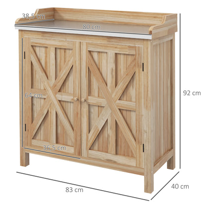 Garden Potting Table with Storage Cabinet and 2 Shelves, Galvanized Worktop, Non-Slip Rubber Feet, Fir Wood