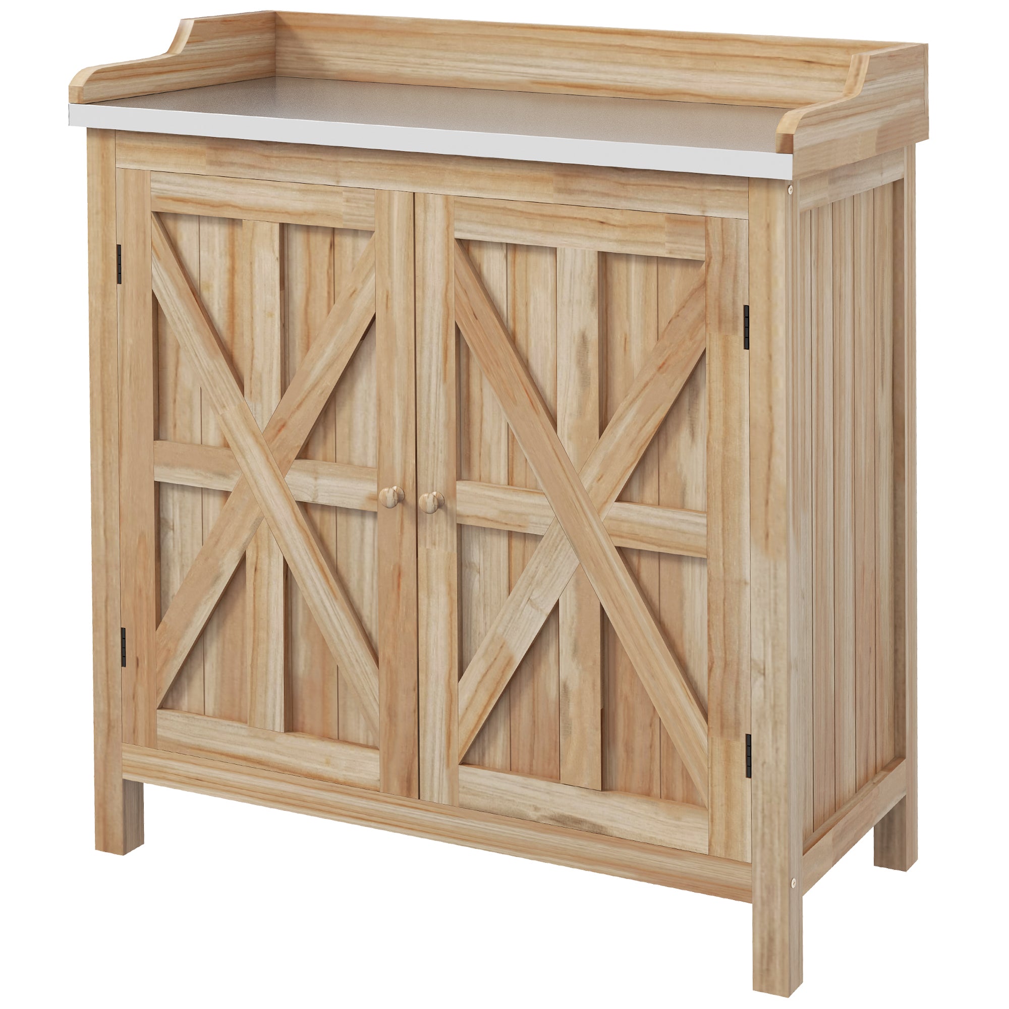 Garden Potting Table with Storage Cabinet and 2 Shelves, Galvanized Worktop, Non-Slip Rubber Feet, Fir Wood