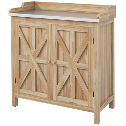 Garden Potting Table with Storage Cabinet and 2 Shelves, Galvanized Worktop, Non-Slip Rubber Feet, Fir Wood