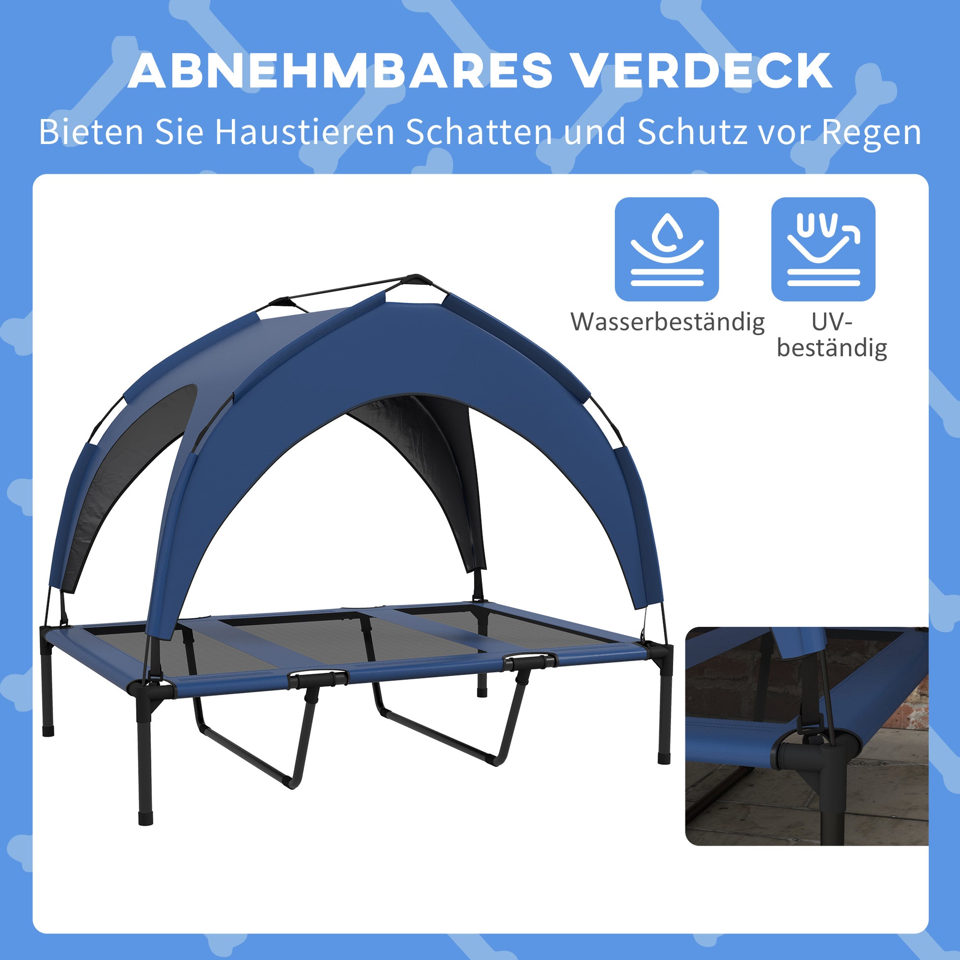 Elevated Dog Bed with Canopy, Pet Bed, Outdoor Dog Lounge with Roof, Breathable, for Small and Medium Dogs Dark Blue Oxford 106 x 76 x 94 cm