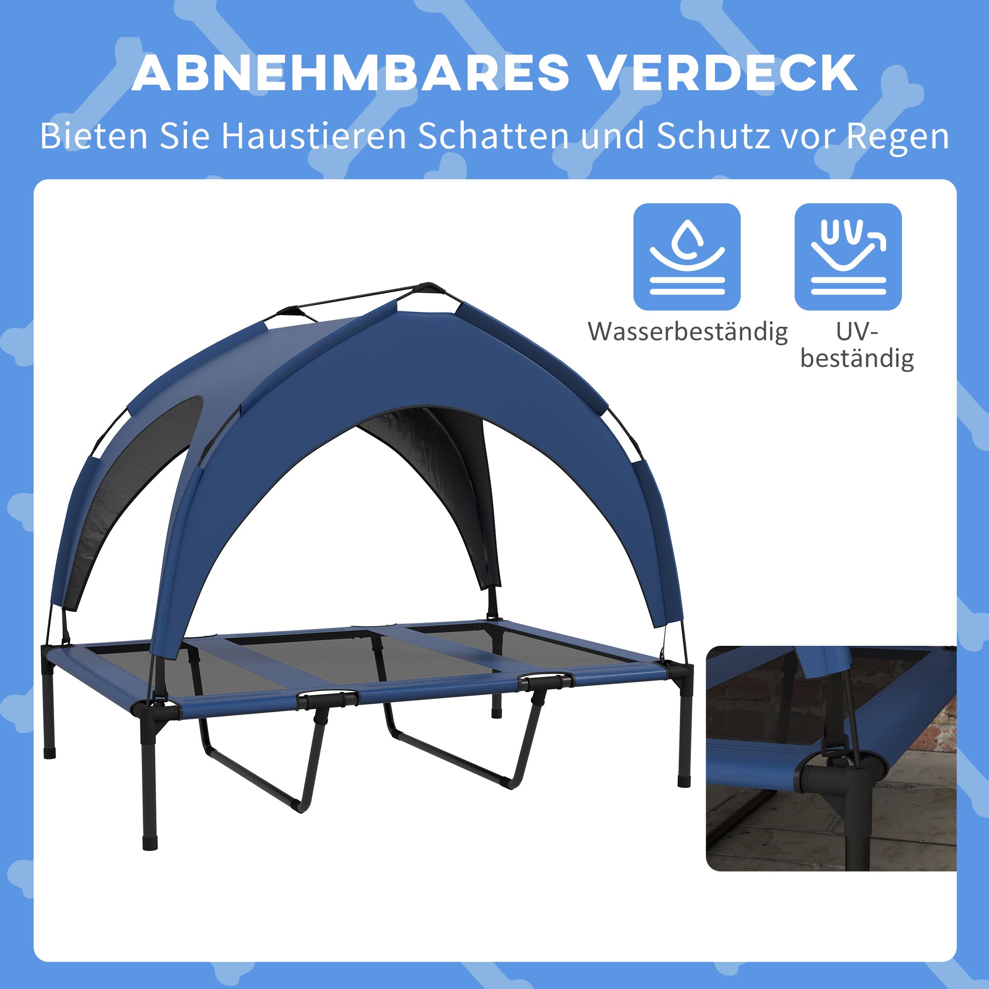 Elevated Dog Bed with Canopy, Pet Bed, Outdoor Dog Lounge with Roof, Breathable, for Small and Medium Dogs Dark Blue Oxford 106 x 76 x 94 cm