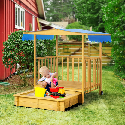 Sandbox with Roof, Wooden Sandpit with Playhouse, 133 x 129 x 137.5 cm Sandbox with Wheels for Children 3-8 Years, Garden, Natural