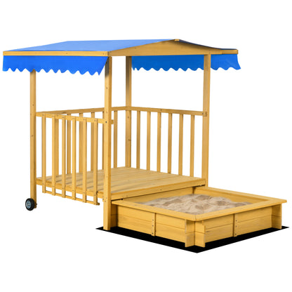 Sandbox with Roof, Wooden Sandpit with Playhouse, 133 x 129 x 137.5 cm Sandbox with Wheels for Children 3-8 Years, Garden, Natural