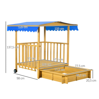 Sandbox with Roof, Wooden Sandpit with Playhouse, 133 x 129 x 137.5 cm Sandbox with Wheels for Children 3-8 Years, Garden, Natural