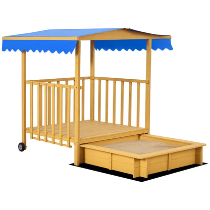 Sandbox with Roof, Wooden Sandpit with Playhouse, 133 x 129 x 137.5 cm Sandbox with Wheels for Children 3-8 Years, Garden, Natural