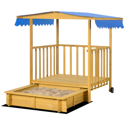 Sandbox with Roof, Wooden Sandpit with Playhouse, 133 x 129 x 137.5 cm Sandbox with Wheels for Children 3-8 Years, Garden, Natural