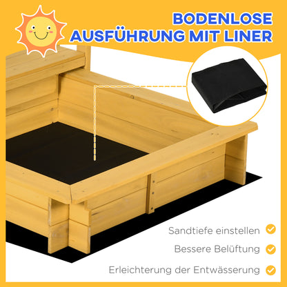 Sandbox with Roof, Wooden Sandpit with Playhouse, 133 x 129 x 137.5 cm Sandbox with Wheels for Children 3-8 Years, Garden, Natural