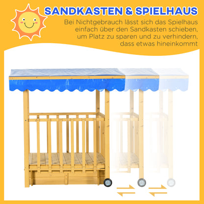 Sandbox with Roof, Wooden Sandpit with Playhouse, 133 x 129 x 137.5 cm Sandbox with Wheels for Children 3-8 Years, Garden, Natural
