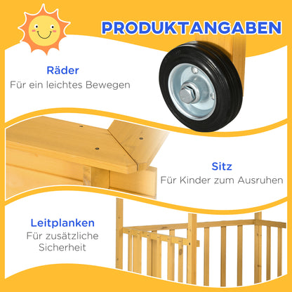 Sandbox with Roof, Wooden Sandpit with Playhouse, 133 x 129 x 137.5 cm Sandbox with Wheels for Children 3-8 Years, Garden, Natural