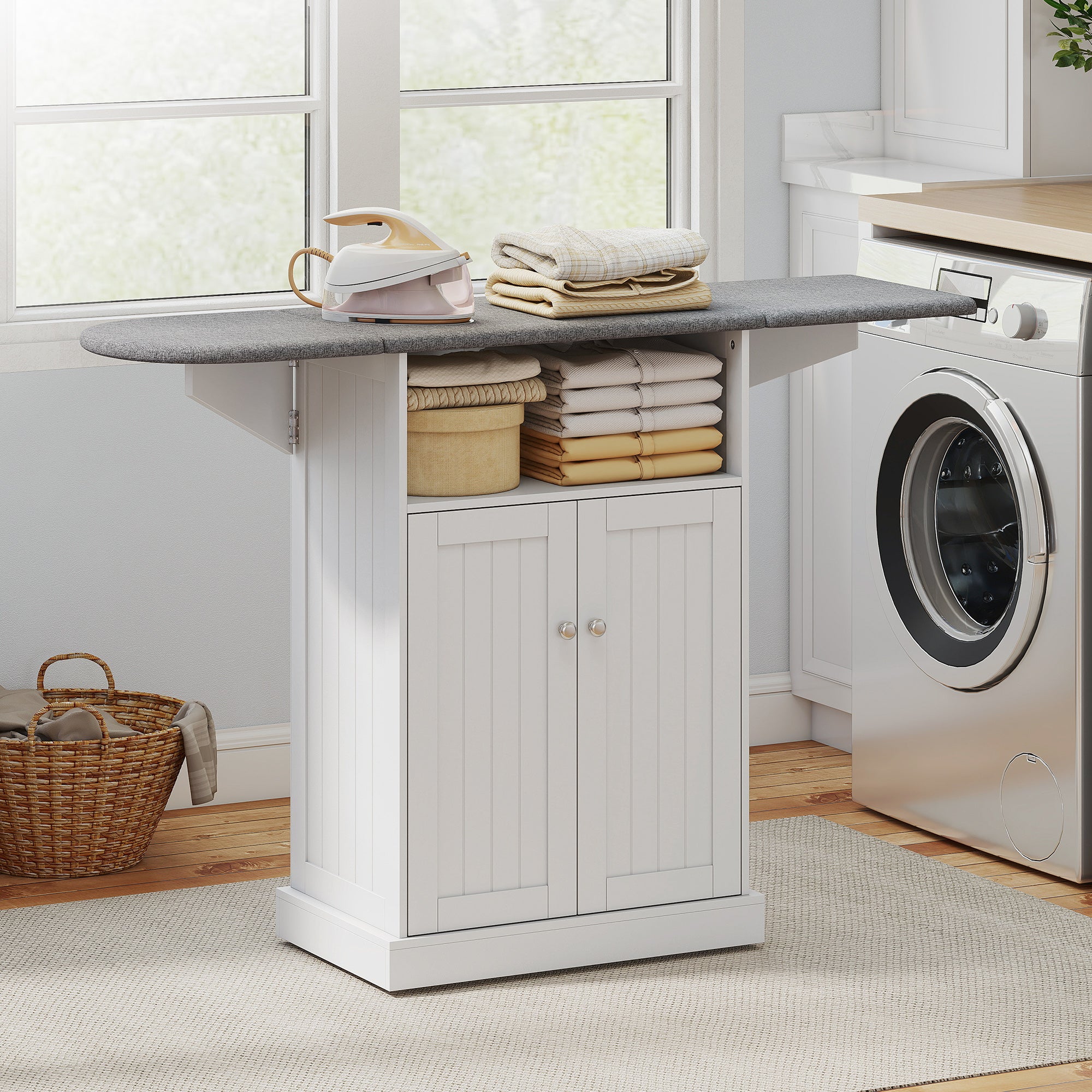 Rolling Ironing Cabinet with Foldable Ironing Board, Open Compartment & Adjustable Shelf — White, 131 x 37 x 89.5 cm