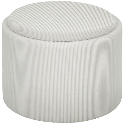 Storage Ottoman with Lid, Round Footstool Pouffe with Corduroy Finish 56 x 56 x 42 cm Cream White