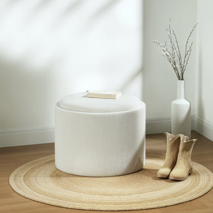 Storage Ottoman with Lid, Round Footstool Pouffe with Corduroy Finish 56 x 56 x 42 cm Cream White