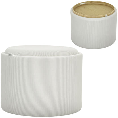 Storage Ottoman with Lid, Round Footstool Pouffe with Corduroy Finish 56 x 56 x 42 cm Cream White