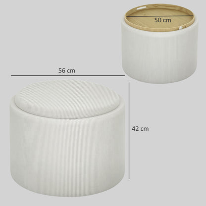 Storage Ottoman with Lid, Round Footstool Pouffe with Corduroy Finish 56 x 56 x 42 cm Cream White