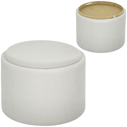 Storage Ottoman with Lid, Round Footstool Pouffe with Corduroy Finish 56 x 56 x 42 cm Cream White