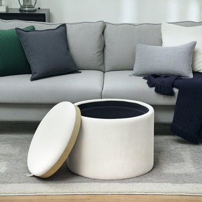 Storage Ottoman with Lid, Round Footstool Pouffe with Corduroy Finish 56 x 56 x 42 cm Cream White