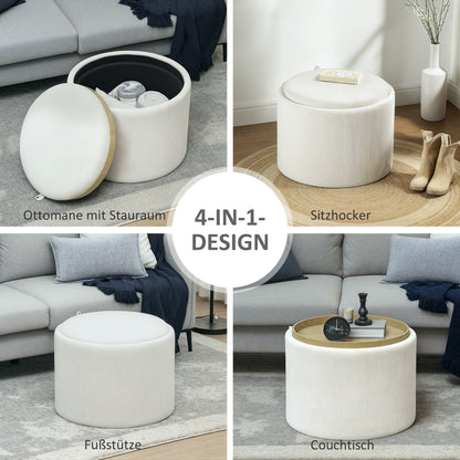 Storage Ottoman with Lid, Round Footstool Pouffe with Corduroy Finish 56 x 56 x 42 cm Cream White