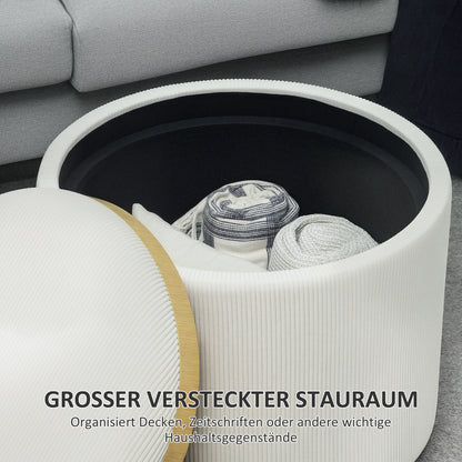 Storage Ottoman with Lid, Round Footstool Pouffe with Corduroy Finish 56 x 56 x 42 cm Cream White