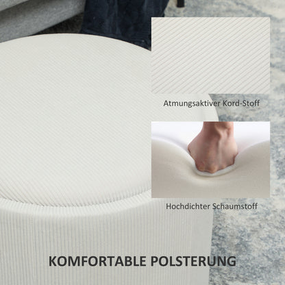 Storage Ottoman with Lid, Round Footstool Pouffe with Corduroy Finish 56 x 56 x 42 cm Cream White