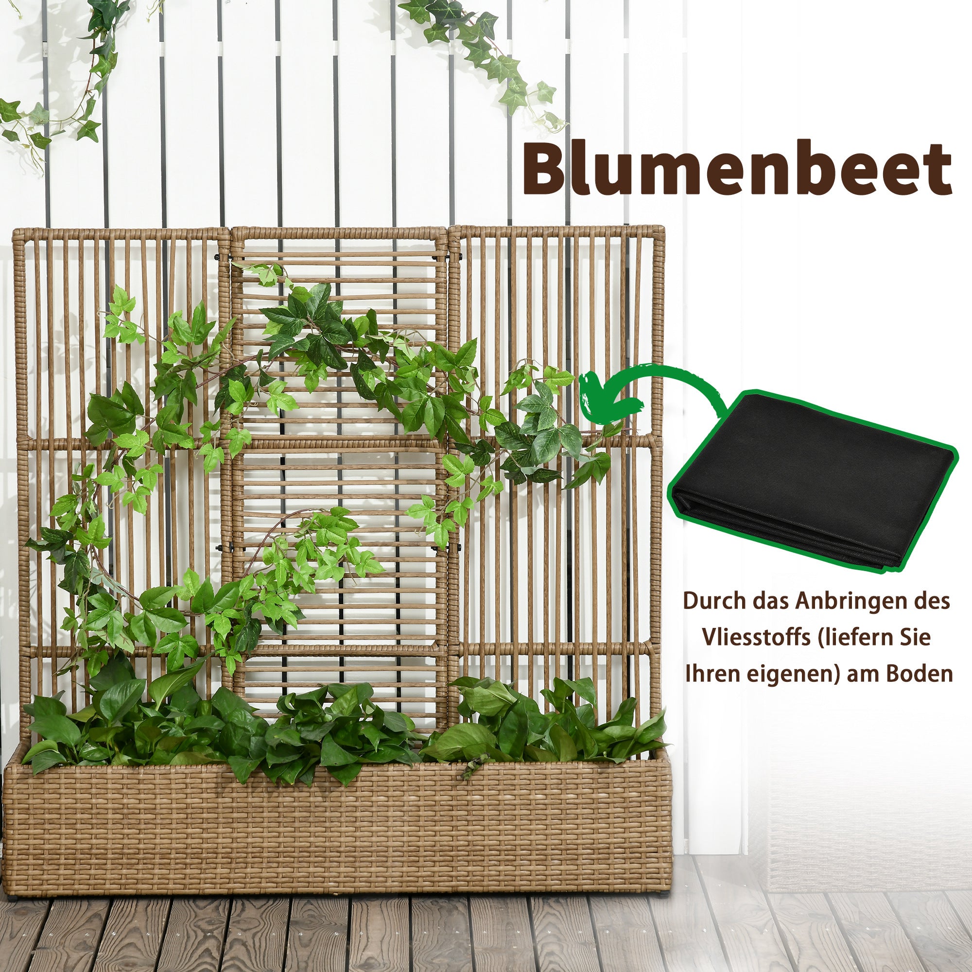 Raised Garden Bed with Trellis in Rattan-Optic Plant Box with Trellis for Climbing Plants Flower Box Flower Bed Planter Trellis Planter for Garden, Balcony, 103 x 103 x 29 cm Sand