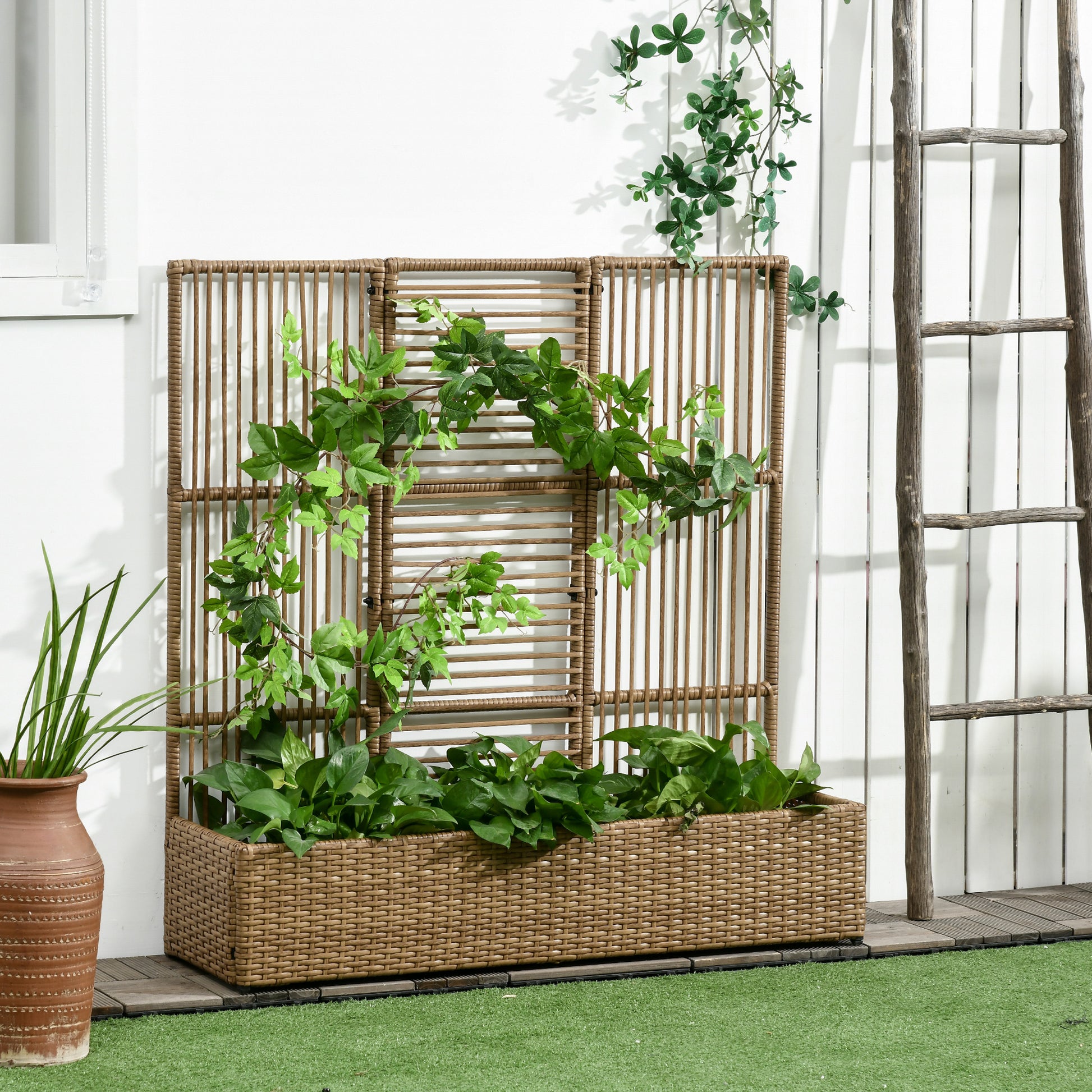Raised Garden Bed with Trellis in Rattan-Optic Plant Box with Trellis for Climbing Plants Flower Box Flower Bed Planter Trellis Planter for Garden, Balcony, 103 x 103 x 29 cm Sand