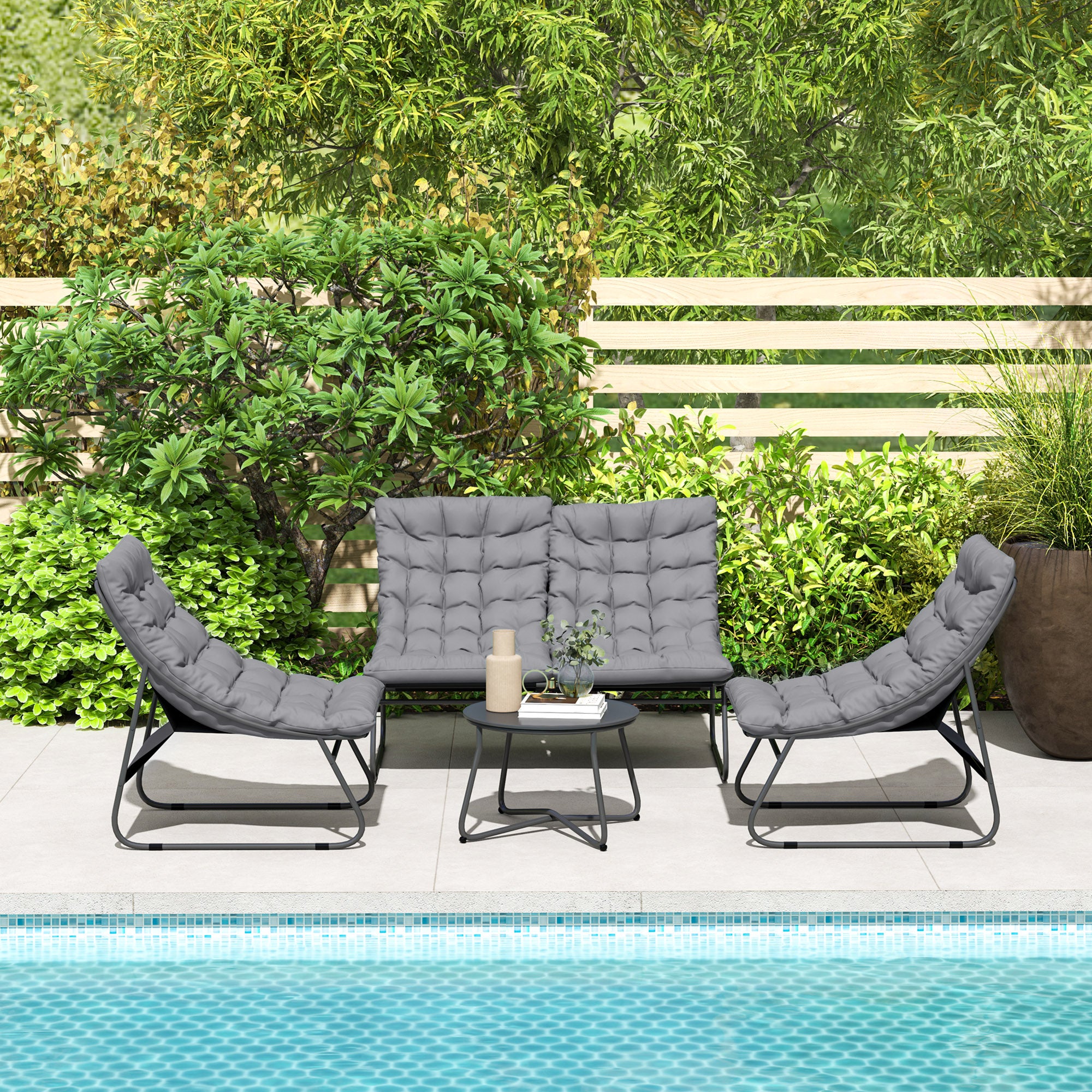 Garden Furniture Set for 4 People Weatherproof Balcony Furniture Set with 2-Seater Sofa, Armchair, Side Table Seat Cushion Outdoor Seating Group Steel Patio Furniture Garden Set for Garden Patio Balcony Gray