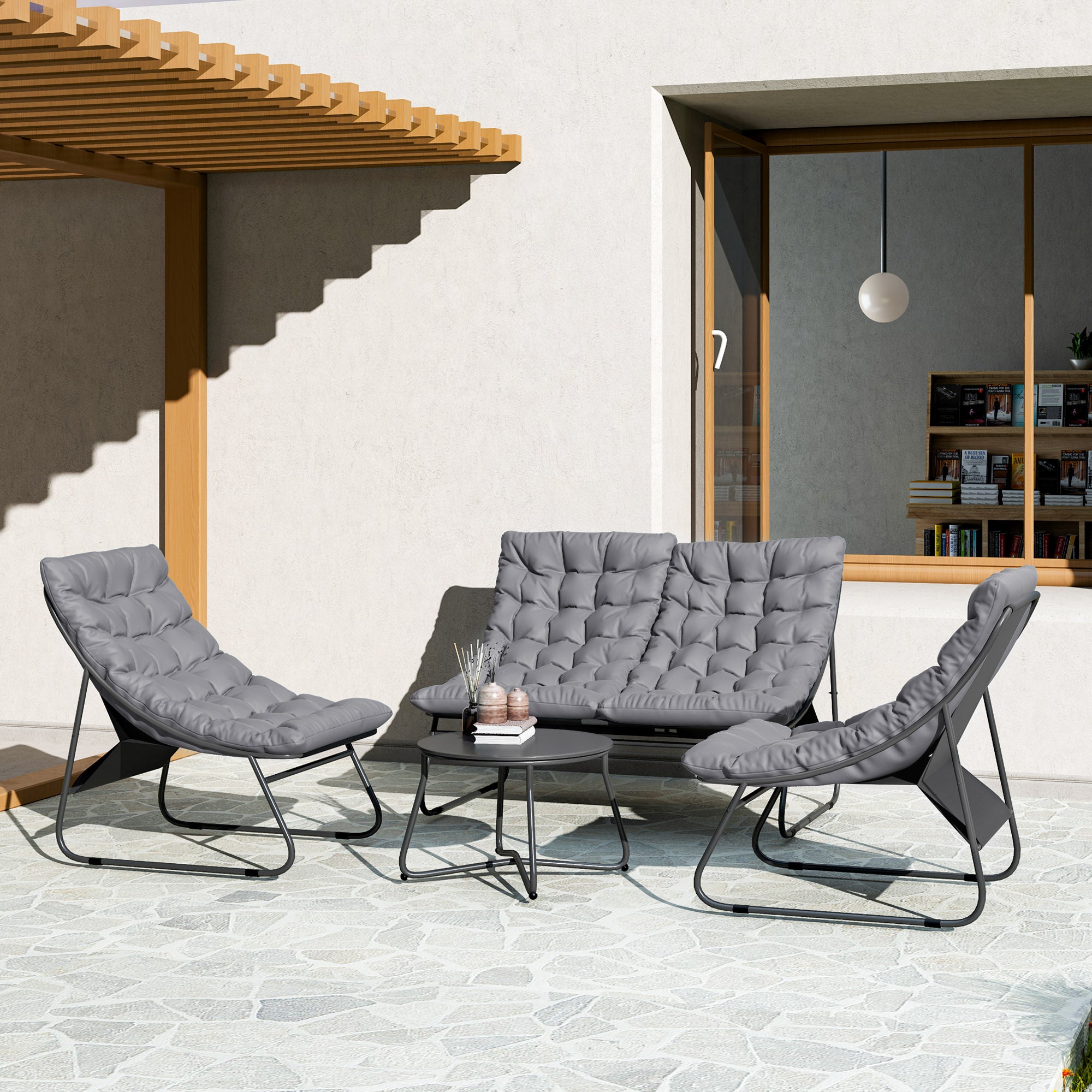 Garden Furniture Set for 4 People Weatherproof Balcony Furniture Set with 2-Seater Sofa, Armchair, Side Table Seat Cushion Outdoor Seating Group Steel Patio Furniture Garden Set for Garden Patio Balcony Gray