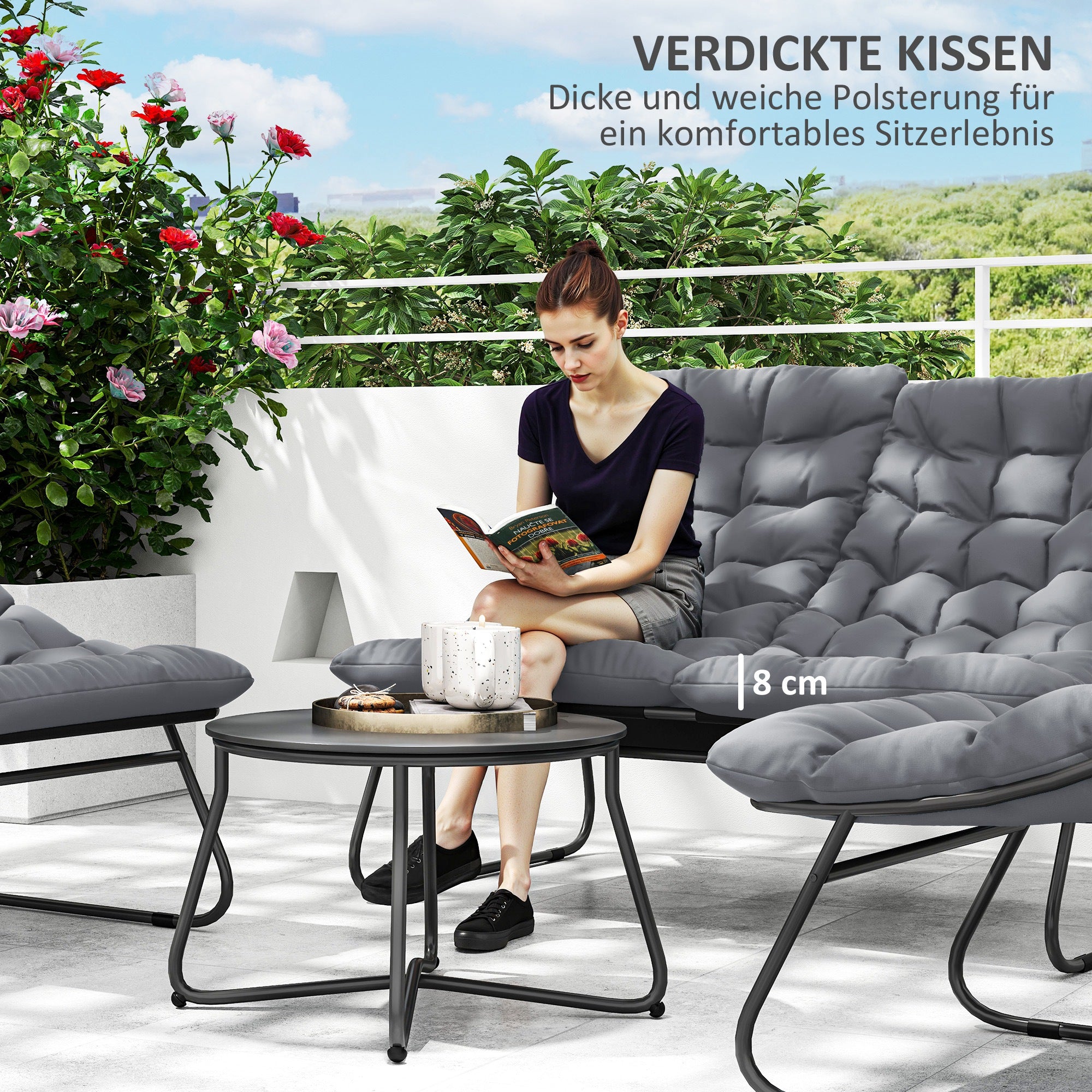 Garden Furniture Set for 4 People Weatherproof Balcony Furniture Set with 2-Seater Sofa, Armchair, Side Table Seat Cushion Outdoor Seating Group Steel Patio Furniture Garden Set for Garden Patio Balcony Gray