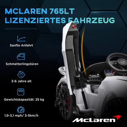 Kids Electric Car 12V McLaren 765LT Children's Car with 2.4G Remote Control, MP3 Music, Electric Vehicle with Horn, Lights, Gullwing Doors, Soft Start, 3-5 km/h, for 3-6 Years Kids, White