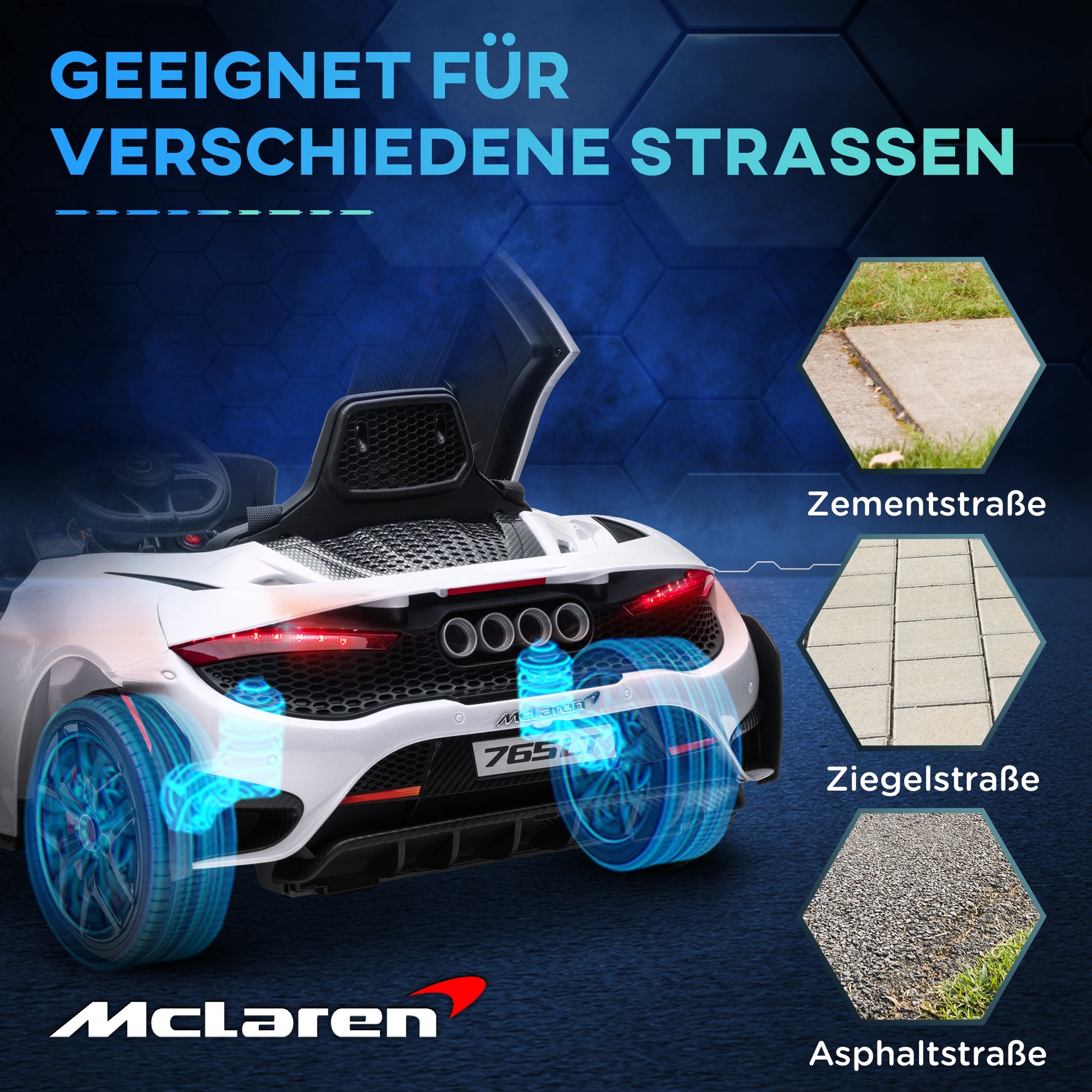 Kids Electric Car 12V McLaren 765LT Children's Car with 2.4G Remote Control, MP3 Music, Electric Vehicle with Horn, Lights, Gullwing Doors, Soft Start, 3-5 km/h, for 3-6 Years Kids, White