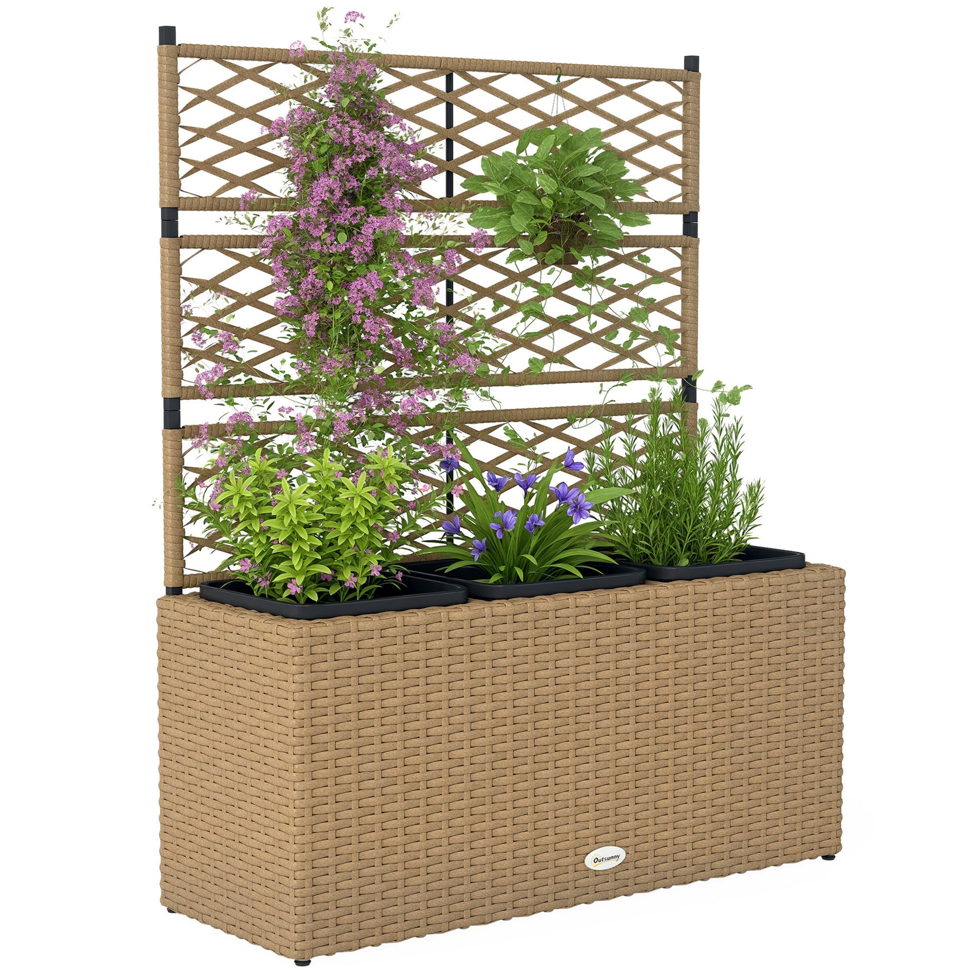 Planter with Trellis 3 Pot Planters Planting Pots Raised Planter 33L Garden Balcony Patio Terrace Outdoor Woven Resin and Steel 84 x 30 x 107 cm Sand Black