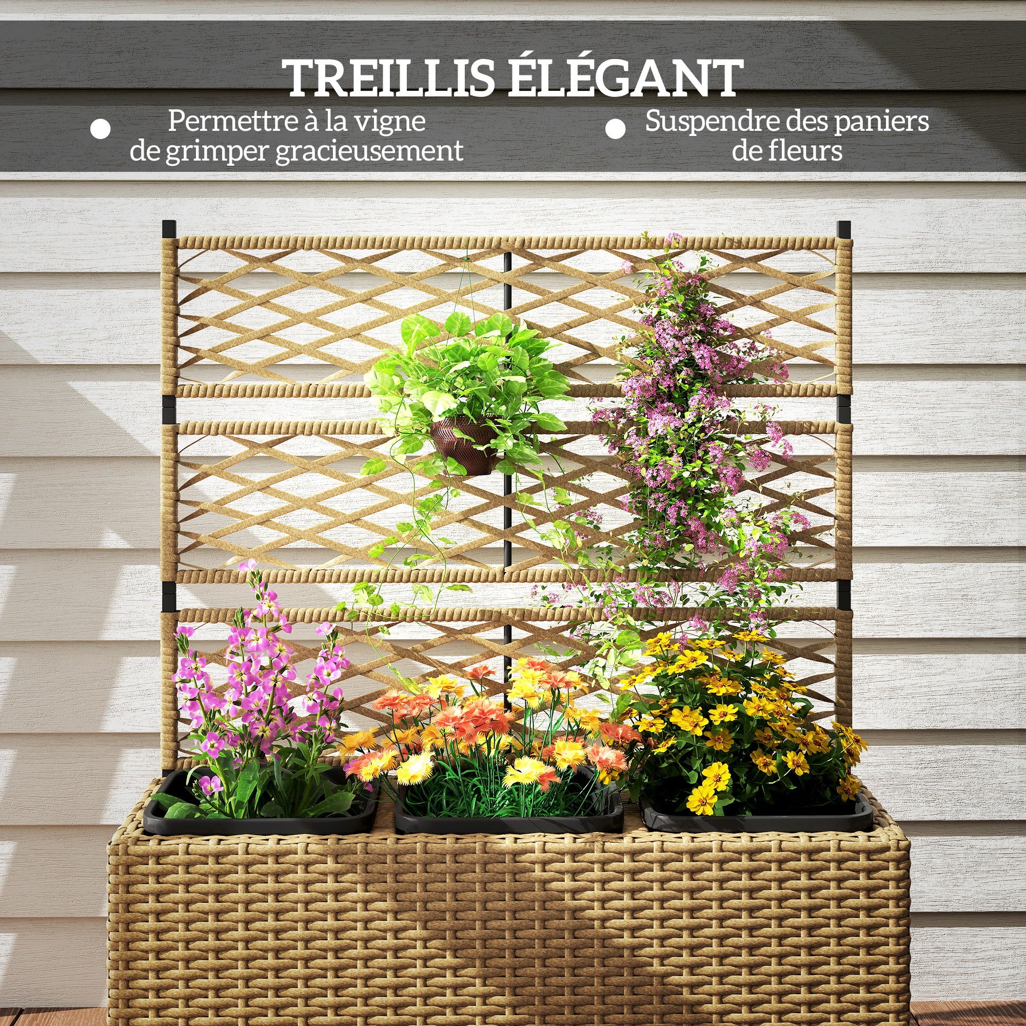 Planter with Trellis 3 Pot Planters Planting Pots Raised Planter 33L Garden Balcony Patio Terrace Outdoor Woven Resin and Steel 84 x 30 x 107 cm Sand Black