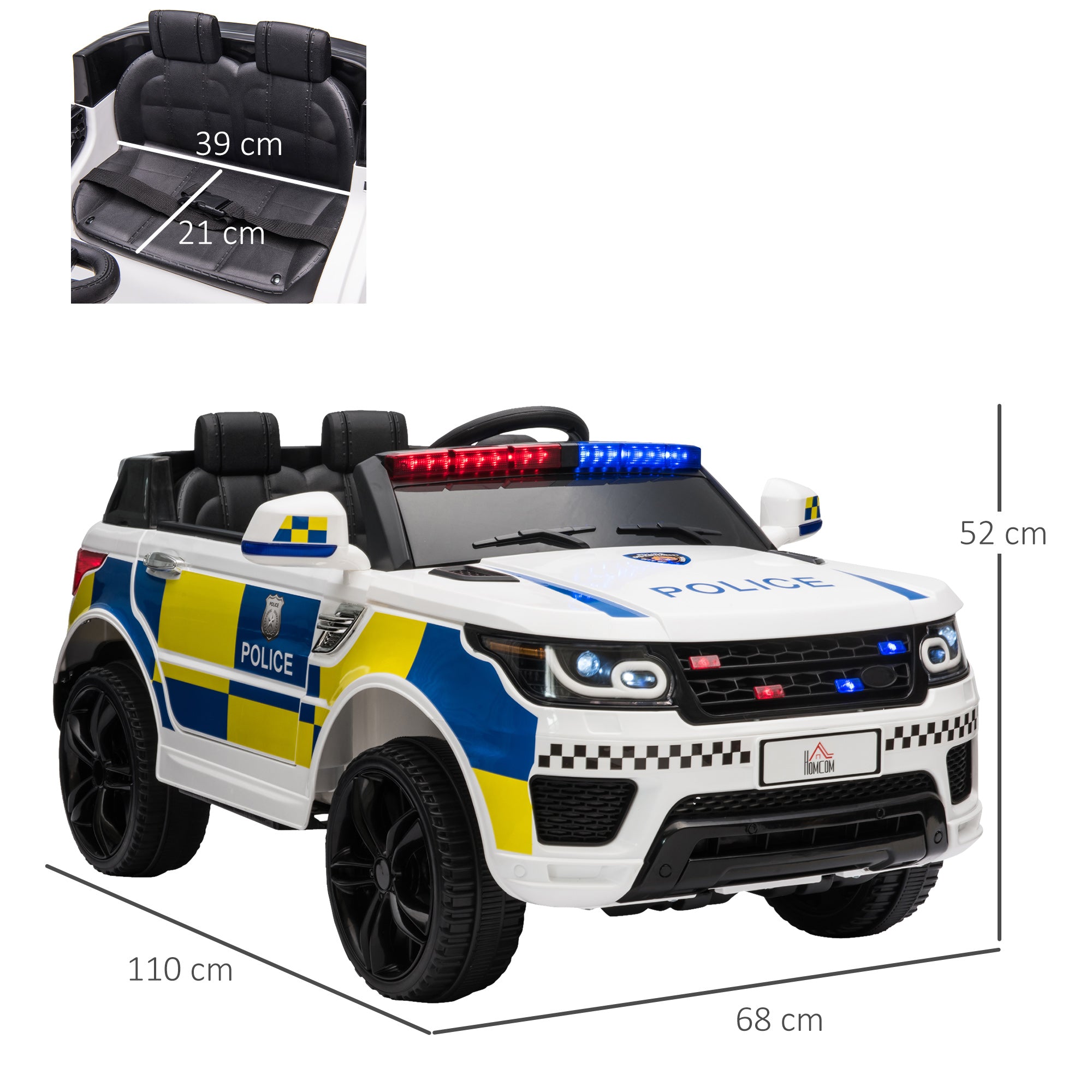 Electric Car for Kids in Police Design, 12V Battery and Remote Control, Siren Lights USB Connection for Music, 110x68x52cm, White